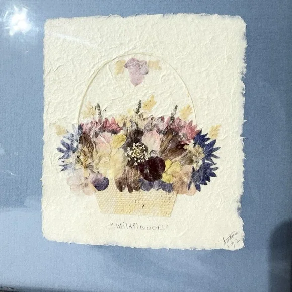 Framed Pressed Flower Art "Wildflowers" Signed 1992 Handmade Paper - Picture 2 of 5
